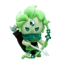 a green stuffed animal with a bow and arrow on a white background