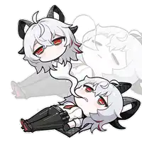 a cartoon character with horns and white hair is laying down on a pillow .