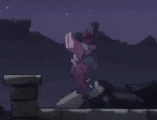 a cartoon character in a pink cape is holding a sword in the dark .
