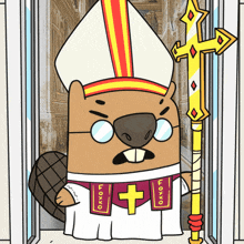 a cartoon drawing of a beaver wearing a bishop 's hat and holding a cross