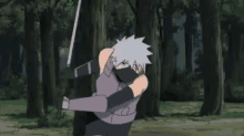a cartoon character is wearing a mask and holding a sword in his hand .