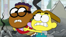 a cartoon character with glasses is holding another character