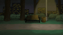 a painting of a park with a bench and trash can at night