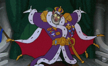 a cartoon character is dressed as a king and has a belt with the letter r on it .