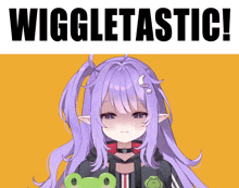 a girl with purple hair is holding a green frog in front of a sign that says wiggletastici