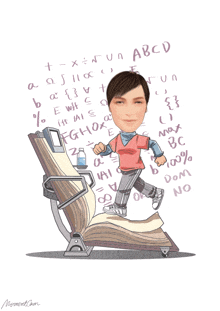a cartoon of a man standing next to an open book with the letters abcd written on it