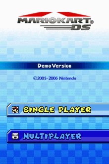 a mario kart ds demo version is displayed on a blue background