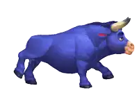 a blue cartoon bull with horns and a red nose