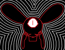 a black and white drawing of a monster with a red eye and the number 1 on it