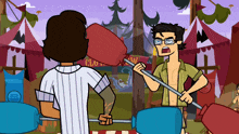 a cartoon shows a man holding a stick in front of a clown tent