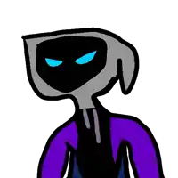 a cartoon drawing of a person wearing a purple jacket and a hood with blue eyes .
