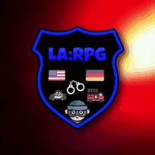 a shield with a police car handcuffs and a fire truck