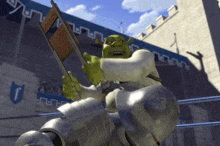 shrek in a knight 's armor is holding a book