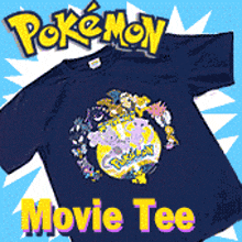 a pokemon movie tee is displayed on a bright blue background
