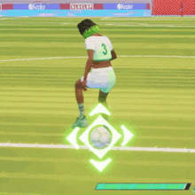 a woman in a crop top is kicking a soccer ball on a soccer field