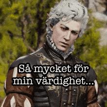a man with gray hair is standing in front of a forest and says `` sa mycket for min vardighet '' .