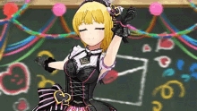 a girl in a black and pink dress is dancing in front of a chalkboard .