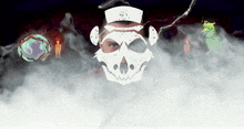 a man with a skull on his face is surrounded by smoke and lightning
