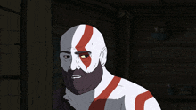 a cartoon drawing of a bald man with a beard and red stripes on his chest