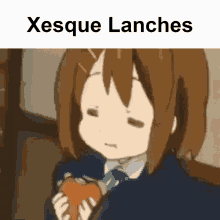 a cartoon of a girl eating a sandwich with the words xesque lanches above her