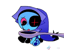 a cartoon character with a cross on his eye is holding a spoon in his mouth .