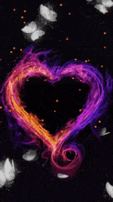 a purple and orange heart is surrounded by white butterflies on a black background