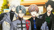 a group of anime characters are posing for a picture and one of them has the letter c on his chest