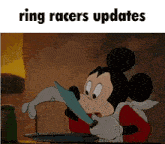 a cartoon of mickey mouse cutting a piece of toast with the words " ring racers updates " below him