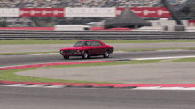a red car is driving on a race track with a sign that says ' triumph ' on it