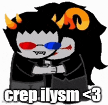 a couple of trolls hugging each other with the words crepilysm < 3