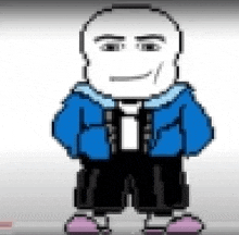 a pixel art drawing of sans from undertale wearing a blue jacket and black shorts .