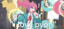 a girl with pink hair is singing into a microphone with the words " i love pyon " below her
