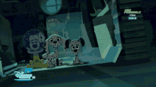 a disney cartoon shows three dalmatian dogs standing next to each other in a dark room