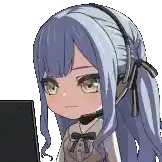 a cartoon girl with long blue hair and headphones is sitting in front of a laptop computer .