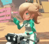 a cartoon character is sitting on a robot in a video game and waving .