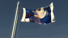 a flag with a picture of a girl on it is waving in the wind