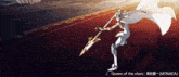 a woman in a white cape is holding a spear and the words queen of the stars are below her
