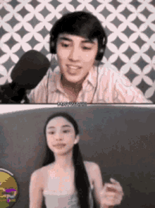 a man and a woman are on a video call with a microphone .