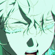 a close up of a person 's face with their mouth open and their eyes closed .