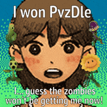 a cartoon of a boy with plants around him and the words " i won pvzdle " on top