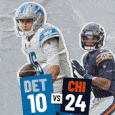 two football players holding signs that say det and chi