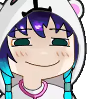 a cartoon girl with purple hair wearing a bear hood