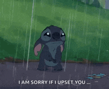 stitch is standing in the rain with a sad look on his face .