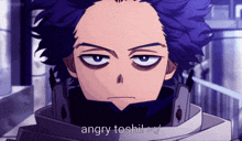 a cartoon character with purple hair says angry toshii > /
