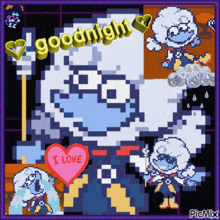 a pixel art of a cloud saying goodnight with a heart that says i love