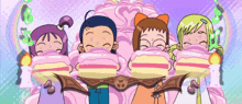 a group of cartoon characters holding cakes in front of their mouths