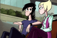 two cartoon characters are sitting next to each other on a bench