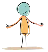 a drawing of a stick figure with a blue face and orange arms