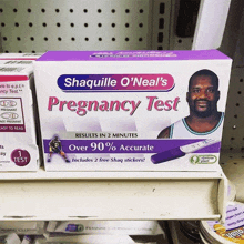 a box of shaquille o'neal 's pregnancy test sits on a store shelf