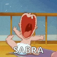 a baby in a diaper is screaming with the word sabra written on the bottom